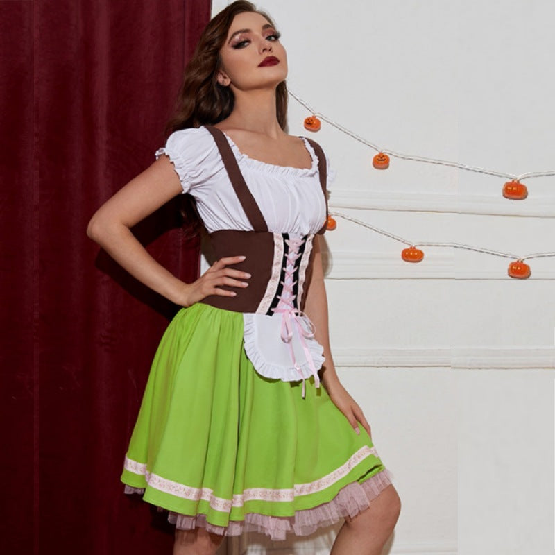 Mini Dress Women - Bavarian Dirndl Dress with Lace-Up Corset and Cold Shoulder Blouse