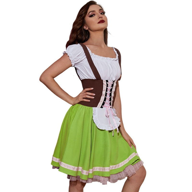 Mini Dress Women - Bavarian Dirndl Dress with Lace-Up Corset and Cold Shoulder Blouse