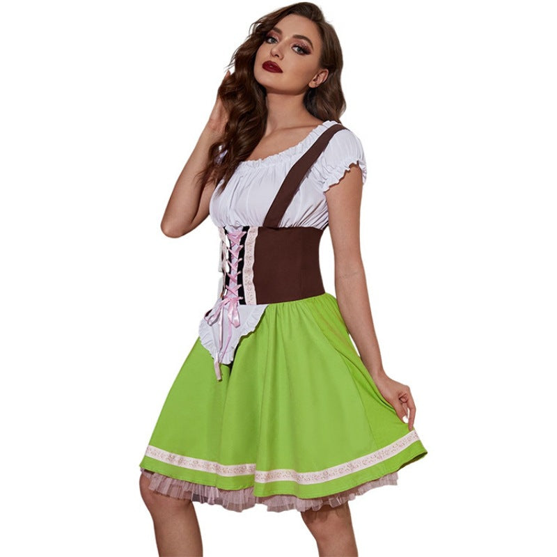 Mini Dress Women - Bavarian Dirndl Dress with Lace-Up Corset and Cold Shoulder Blouse
