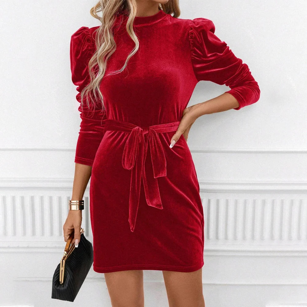 Mini Dress Women - Velvet Puff Sleeve with Belt