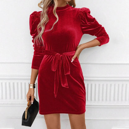 Mini Dress Women - Velvet Puff Sleeve with Belt
