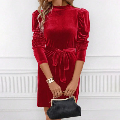 Mini Dress Women - Velvet Puff Sleeve with Belt