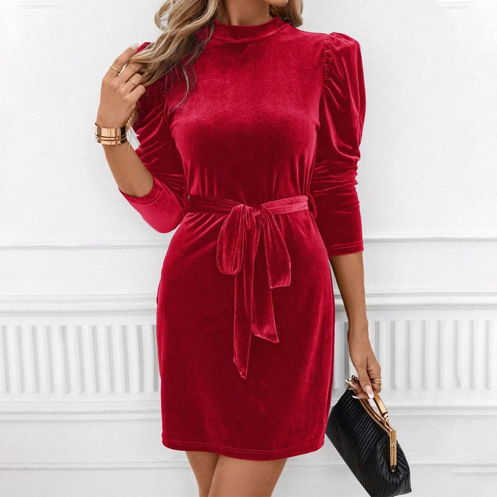 Mini Dress Women - Velvet Puff Sleeve with Belt