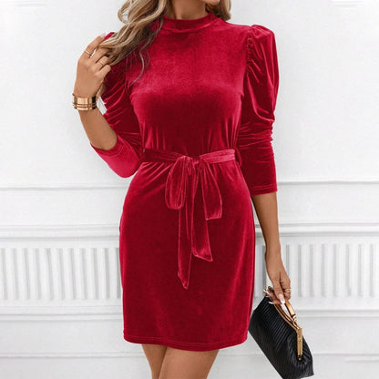 Mini Dress Women - Velvet Puff Sleeve with Belt
