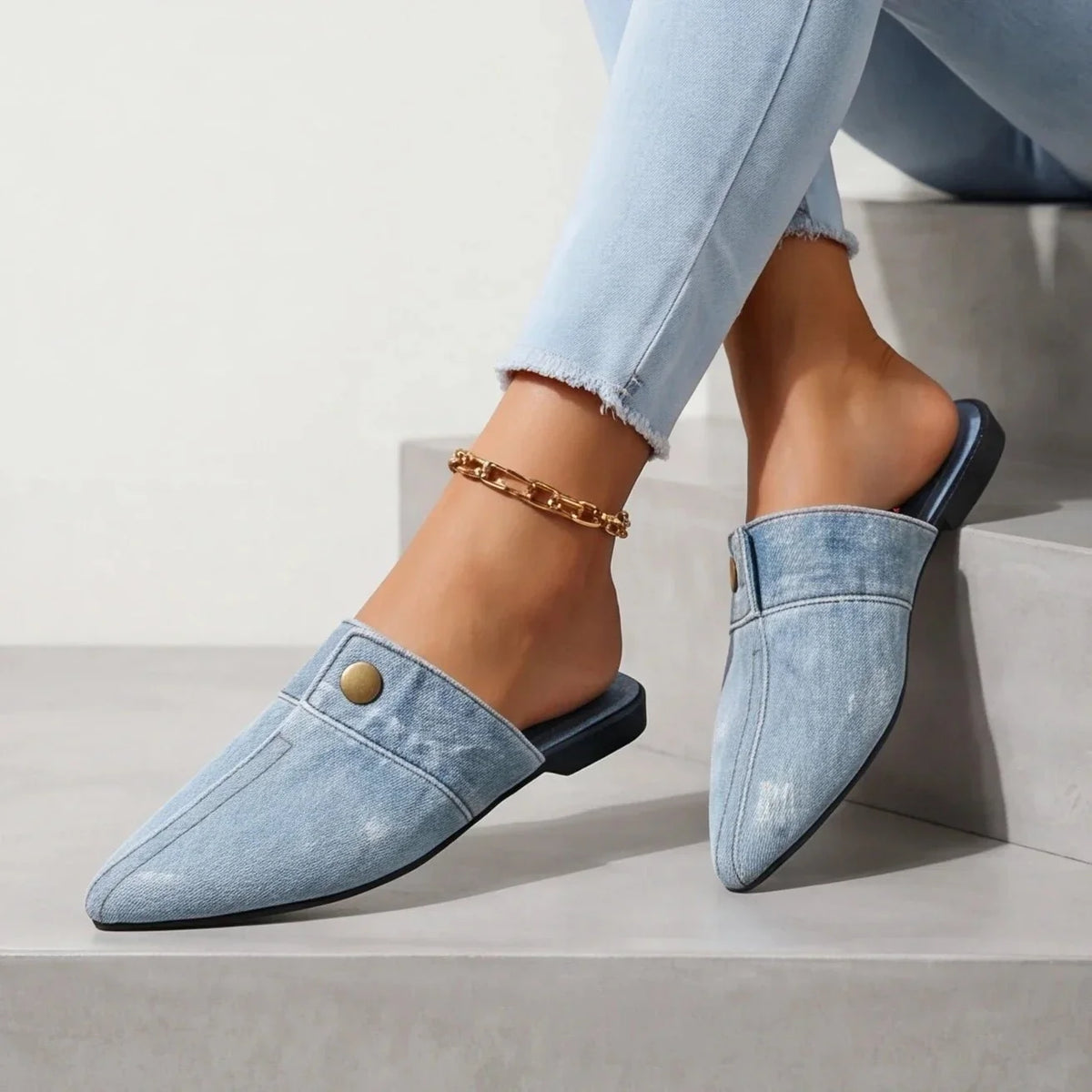 Mule Women - Structured Denim Slip-On with Pointed Toe