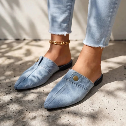 Mule Women - Structured Denim Slip-On with Pointed Toe