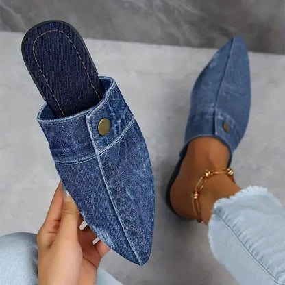 Mule Women - Structured Denim Slip-On with Pointed Toe