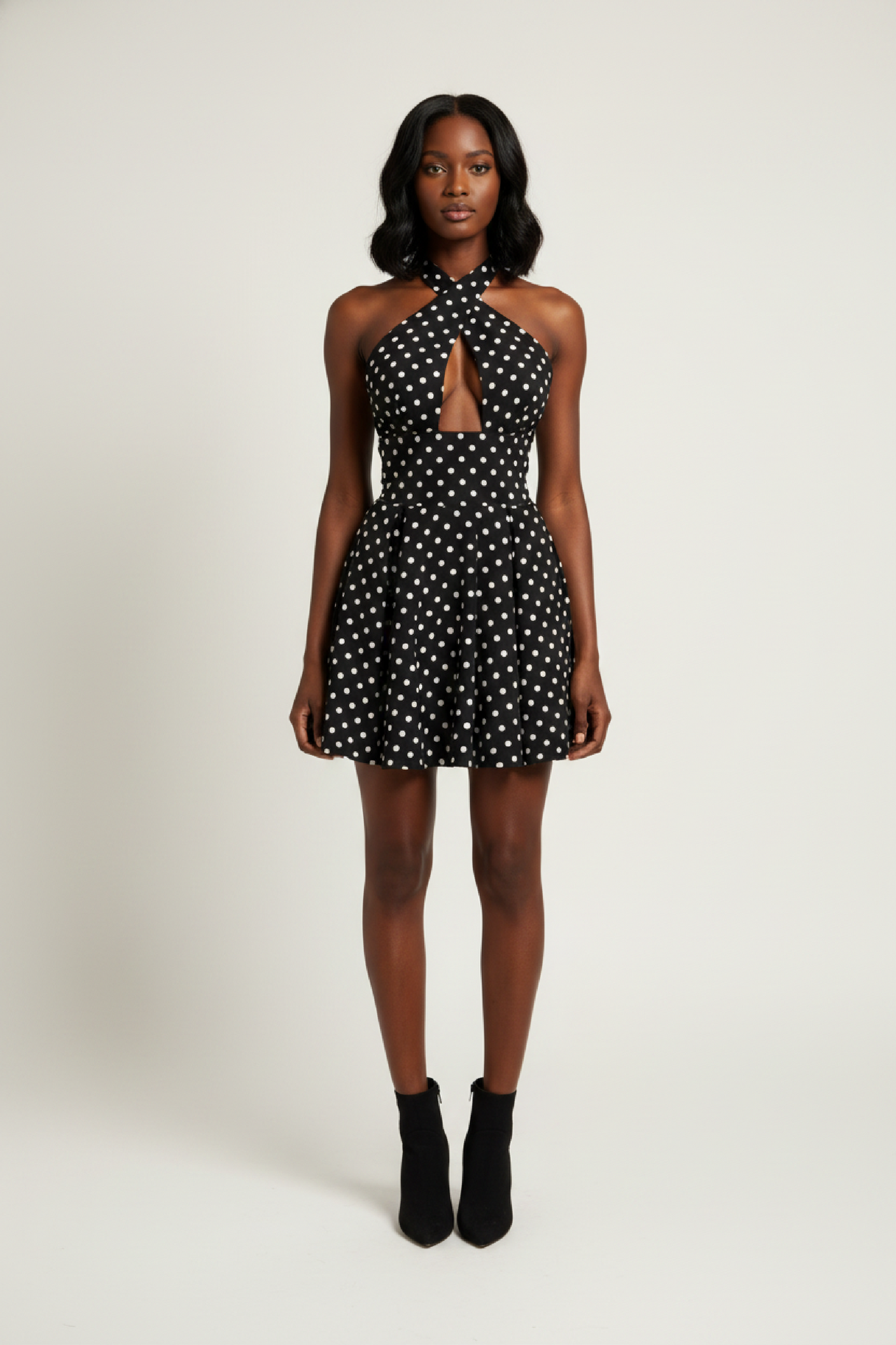 Mini Dress Women - Polka Dot Bodycon Dress with Halter Neckline and Cut-Out Detail