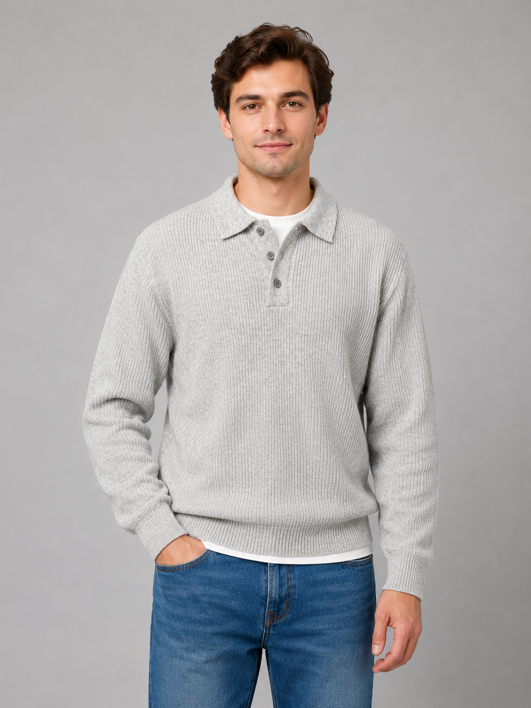 Polo Jumper Men - Ribbed Knit Polo Jumper with Three-Button Collar