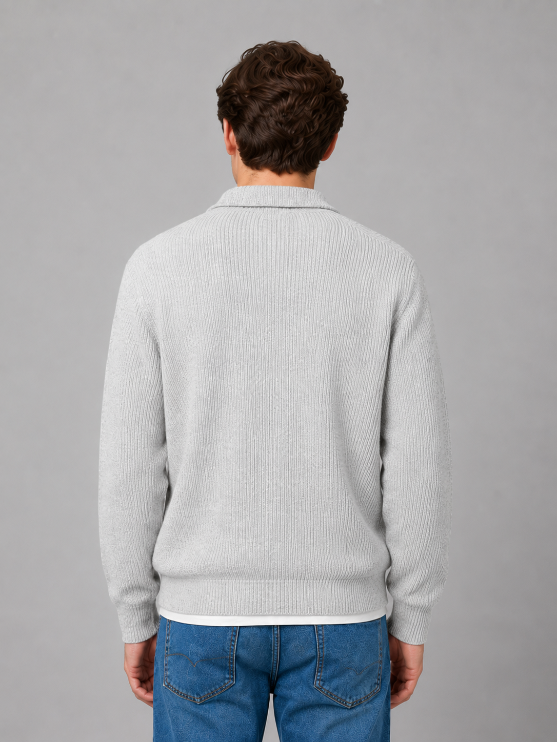 Polo Jumper Men - Ribbed Knit Polo Jumper with Three-Button Collar