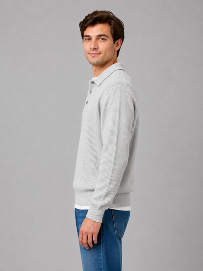 Polo Jumper Men - Ribbed Knit Polo Jumper with Three-Button Collar