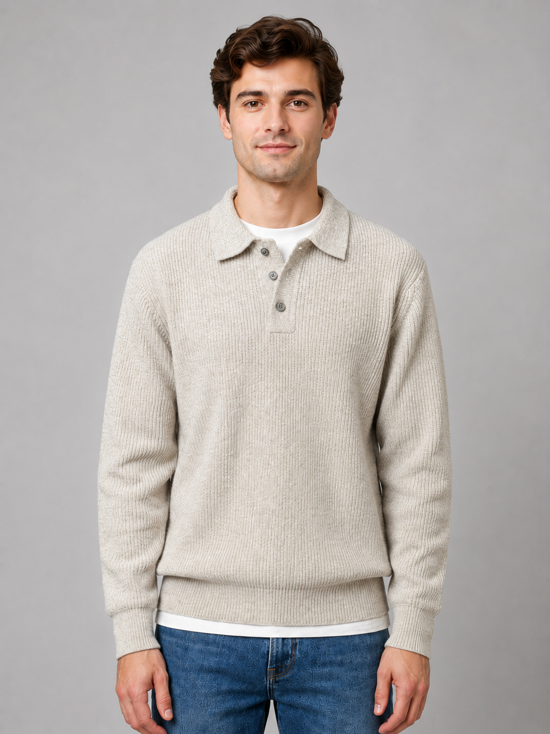 Polo Jumper Men - Ribbed Knit Polo Jumper with Three-Button Collar