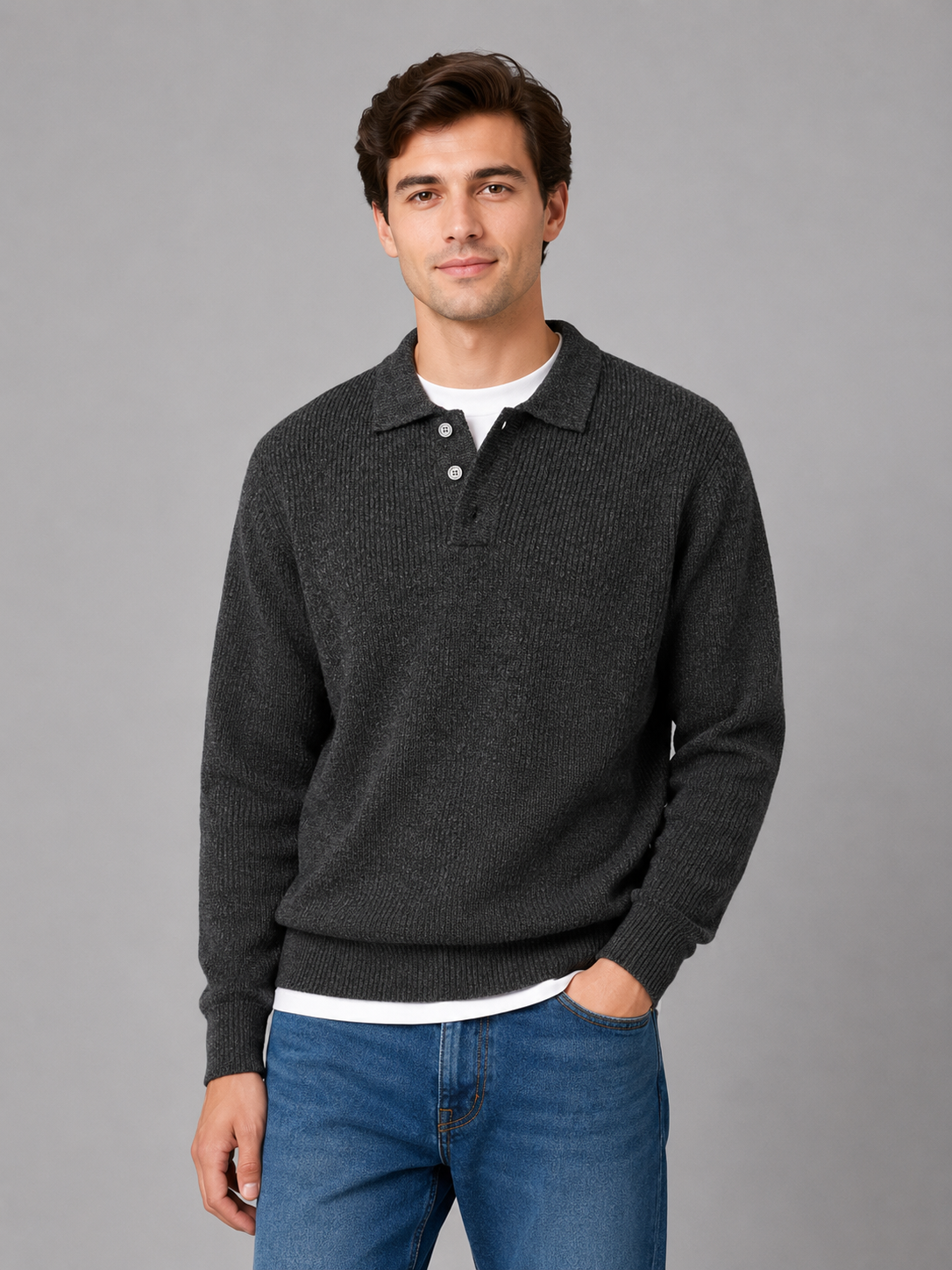 Polo Jumper Men - Ribbed Knit Polo Jumper with Three-Button Collar
