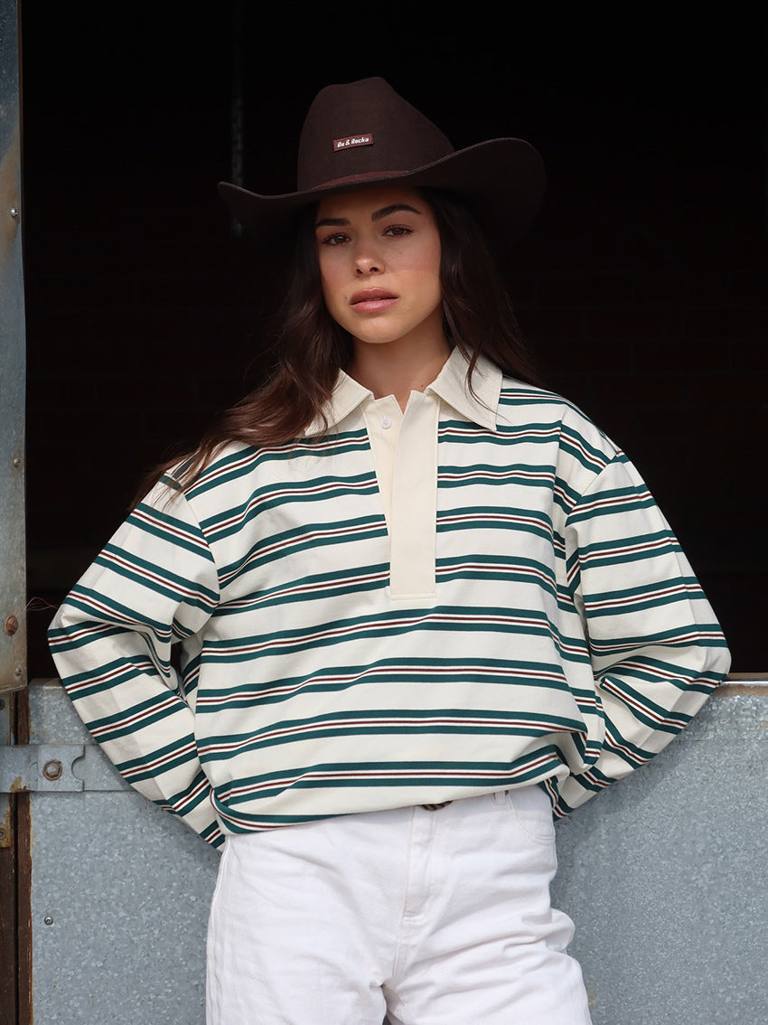 Polo Shirt Women - Striped Rugby Polo Top with Collar and Button Placket