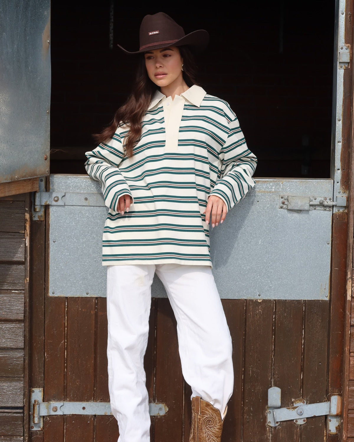 Polo Shirt Women - Striped Rugby Polo Top with Collar and Button Placket
