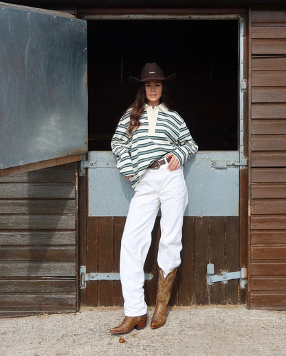 Polo Shirt Women - Striped Rugby Polo Top with Collar and Button Placket