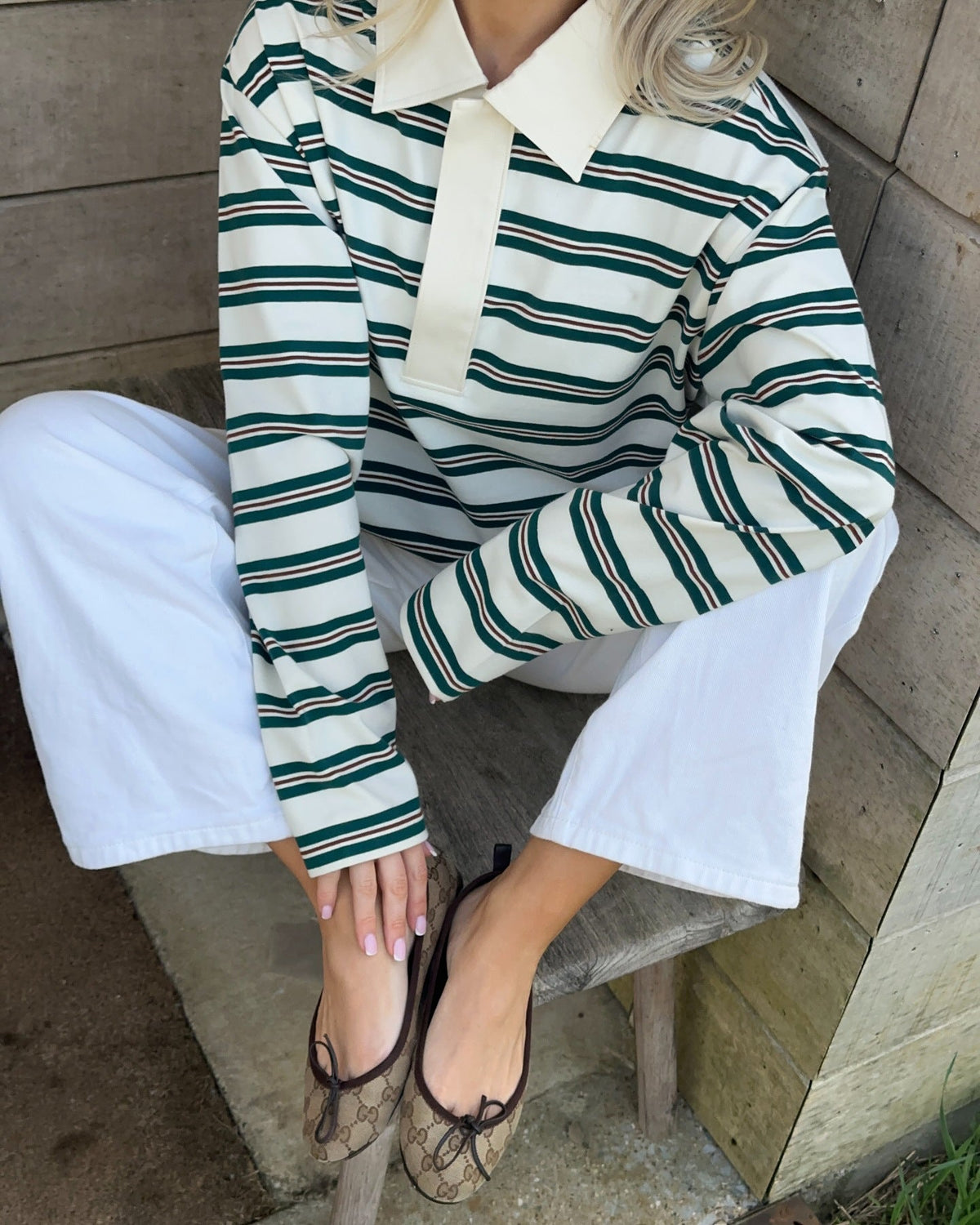 Polo Shirt Women - Striped Rugby Polo Top with Collar and Button Placket