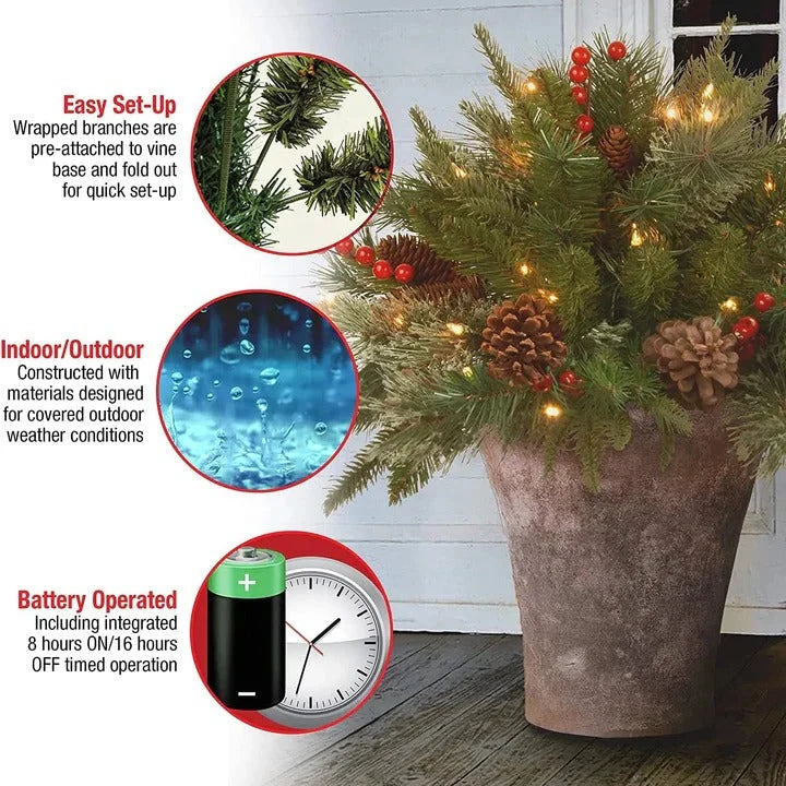 Pre-Lit Evergreen Urn Filler – warm white LED festive display