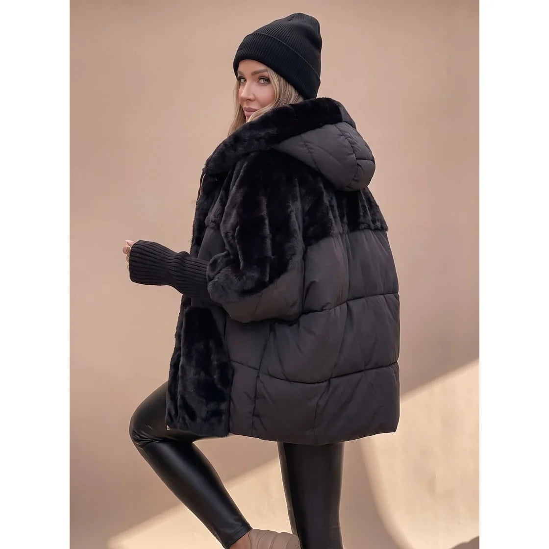 Puffer Jacket Women - Quilted with Faux Fur Hood