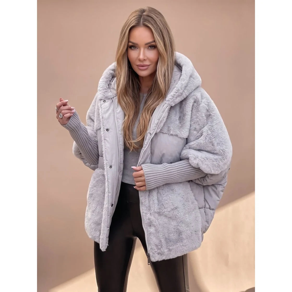 Puffer Jacket Women - Quilted with Faux Fur Hood