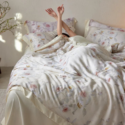 Reversible Satin Duvet Cover Set – floral watercolour, matte finish, four-piece