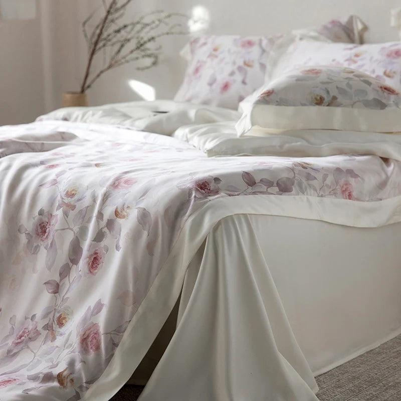 Reversible Satin Duvet Cover Set – floral watercolour, matte finish, four-piece