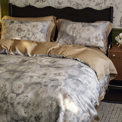 Reversible Satin Duvet Cover Set – floral watercolour, matte finish, four-piece