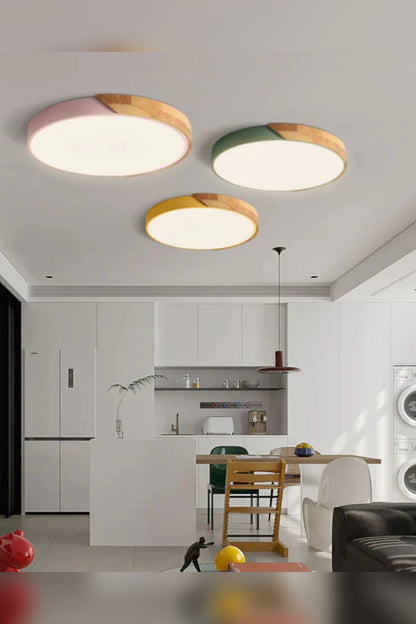 Scandinavian Wood Ceiling Light – flush mount design with colour options