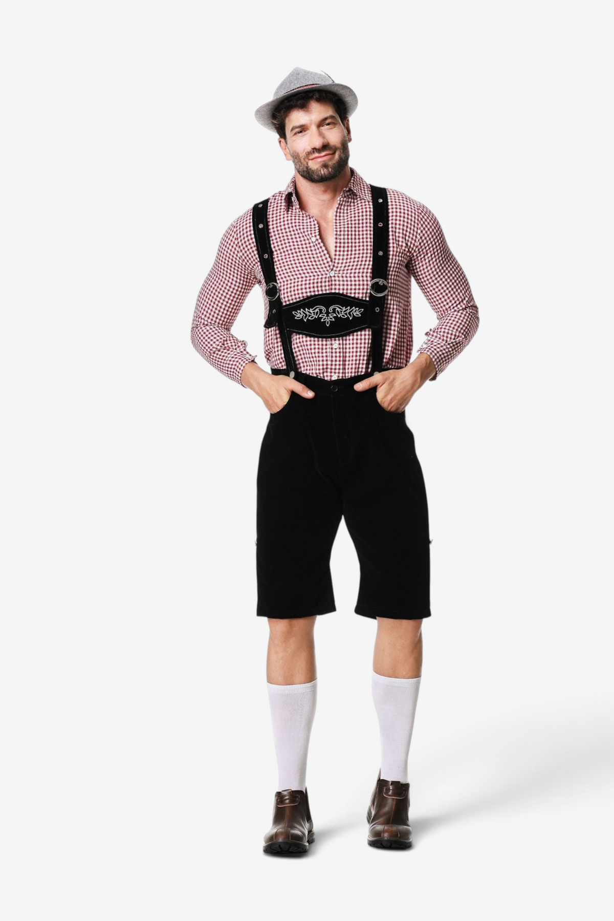 Set Men - Bavarian Oktoberfest Outfit with Check Shirt, Bib Shorts and Felt Hat