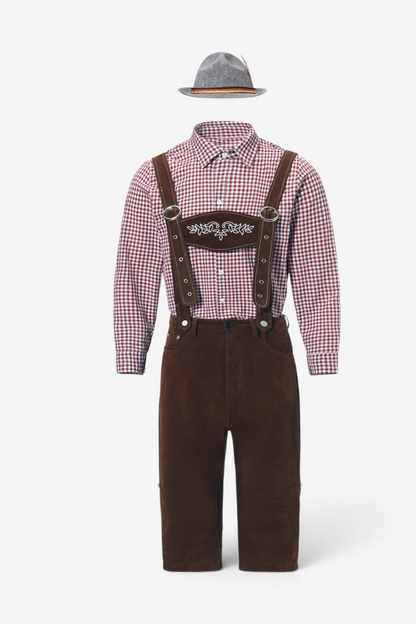 Set Men - Bavarian Oktoberfest Outfit with Check Shirt, Bib Shorts and Felt Hat