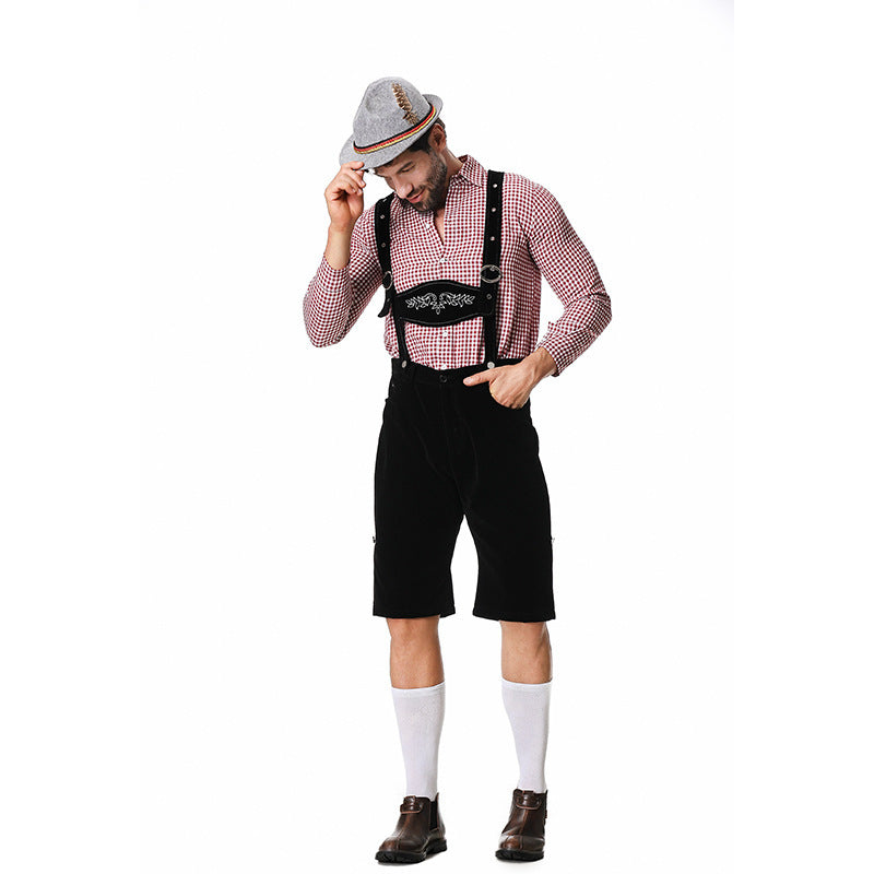 Set Men - Bavarian Oktoberfest Outfit with Check Shirt, Bib Shorts and Felt Hat