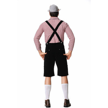 Set Men - Bavarian Oktoberfest Outfit with Check Shirt, Bib Shorts and Felt Hat