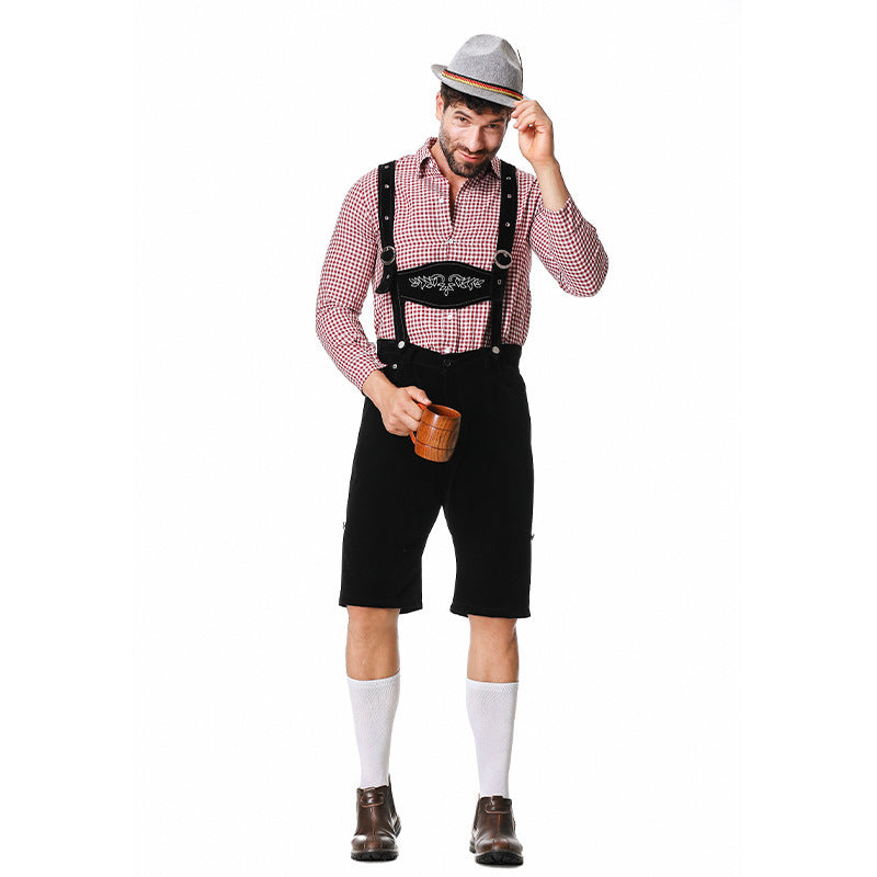 Set Men - Bavarian Oktoberfest Outfit with Check Shirt, Bib Shorts and Felt Hat