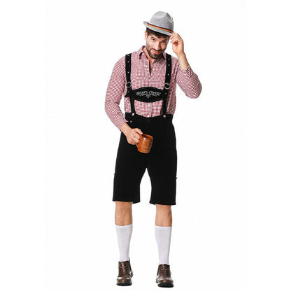 Set Men - Bavarian Oktoberfest Outfit with Check Shirt, Bib Shorts and Felt Hat