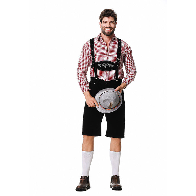 Set Men - Bavarian Oktoberfest Outfit with Check Shirt, Bib Shorts and Felt Hat
