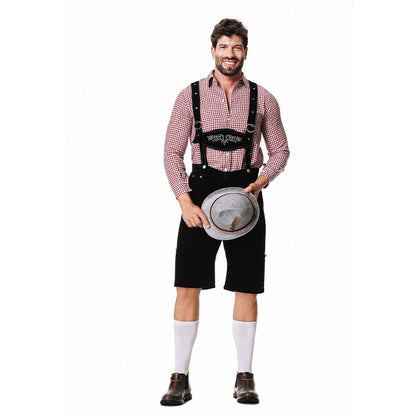 Set Men - Bavarian Oktoberfest Outfit with Check Shirt, Bib Shorts and Felt Hat