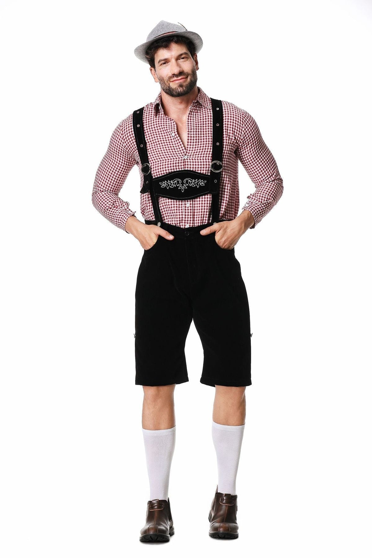 Set Men - Bavarian Oktoberfest Outfit with Check Shirt, Bib Shorts and Felt Hat