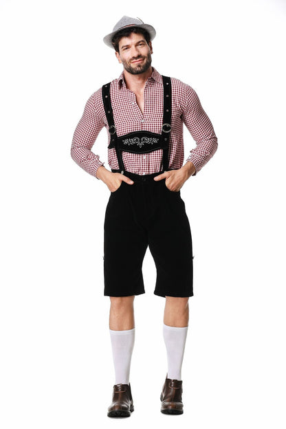 Set Men - Bavarian Oktoberfest Outfit with Check Shirt, Bib Shorts and Felt Hat