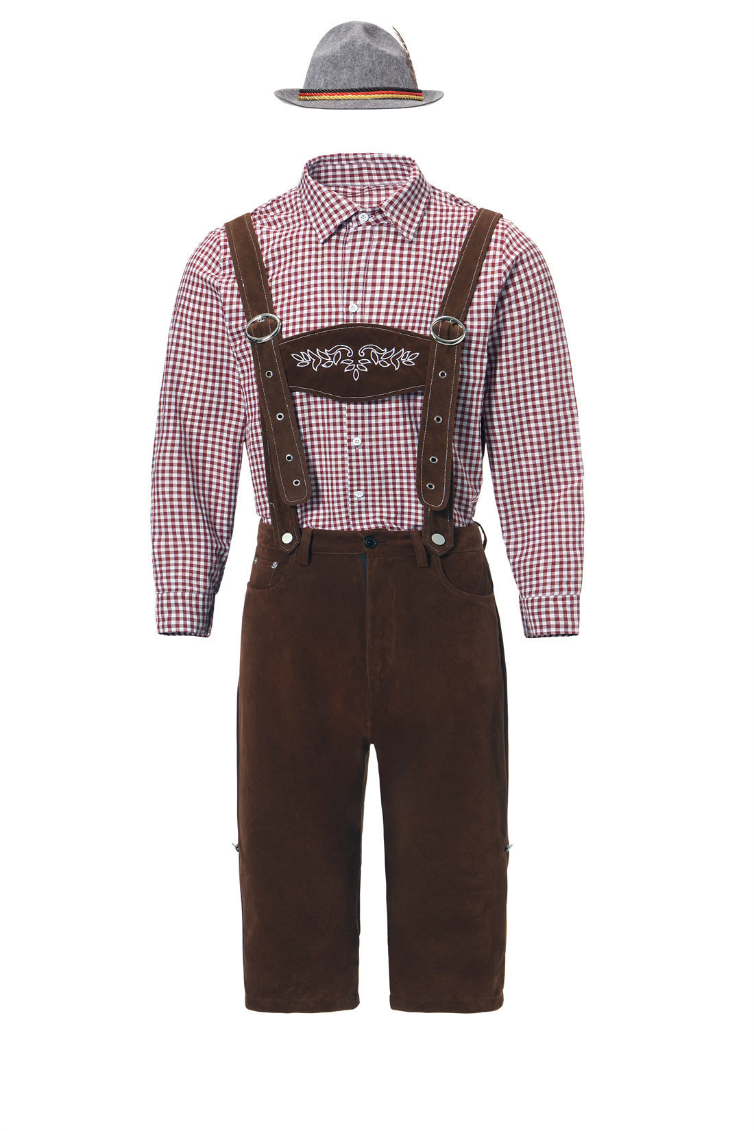 Set Men - Bavarian Oktoberfest Outfit with Check Shirt, Bib Shorts and Felt Hat