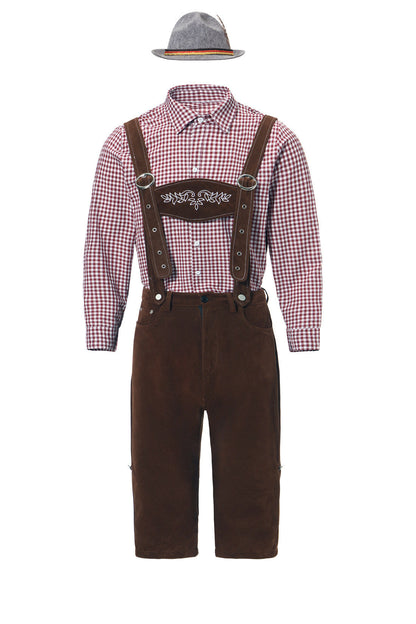 Set Men - Bavarian Oktoberfest Outfit with Check Shirt, Bib Shorts and Felt Hat