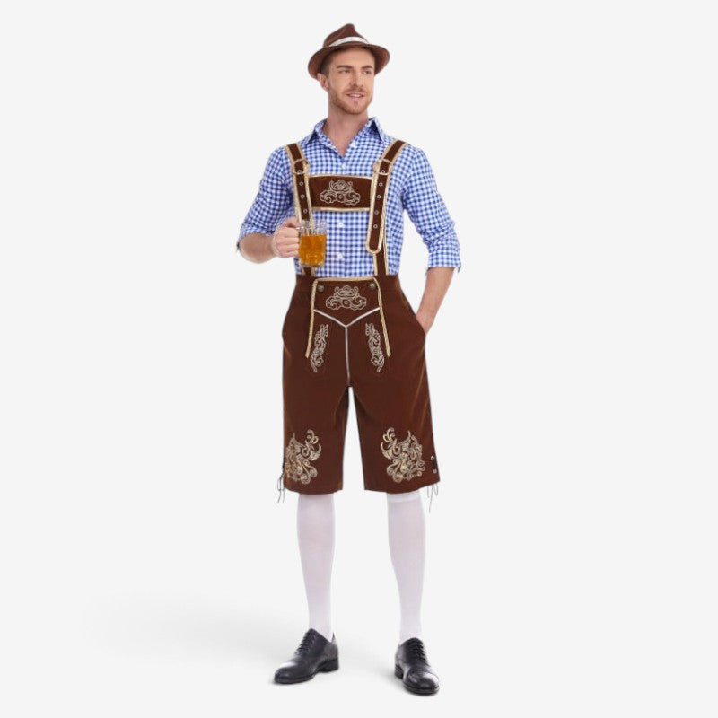Set Men - Bavarian Oktoberfest Outfit with Gingham Shirt, Knee Shorts and Felt Hat
