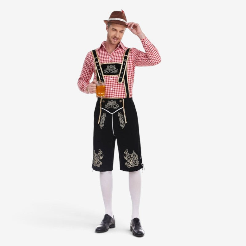 Set Men - Bavarian Oktoberfest Outfit with Gingham Shirt, Knee Shorts and Felt Hat