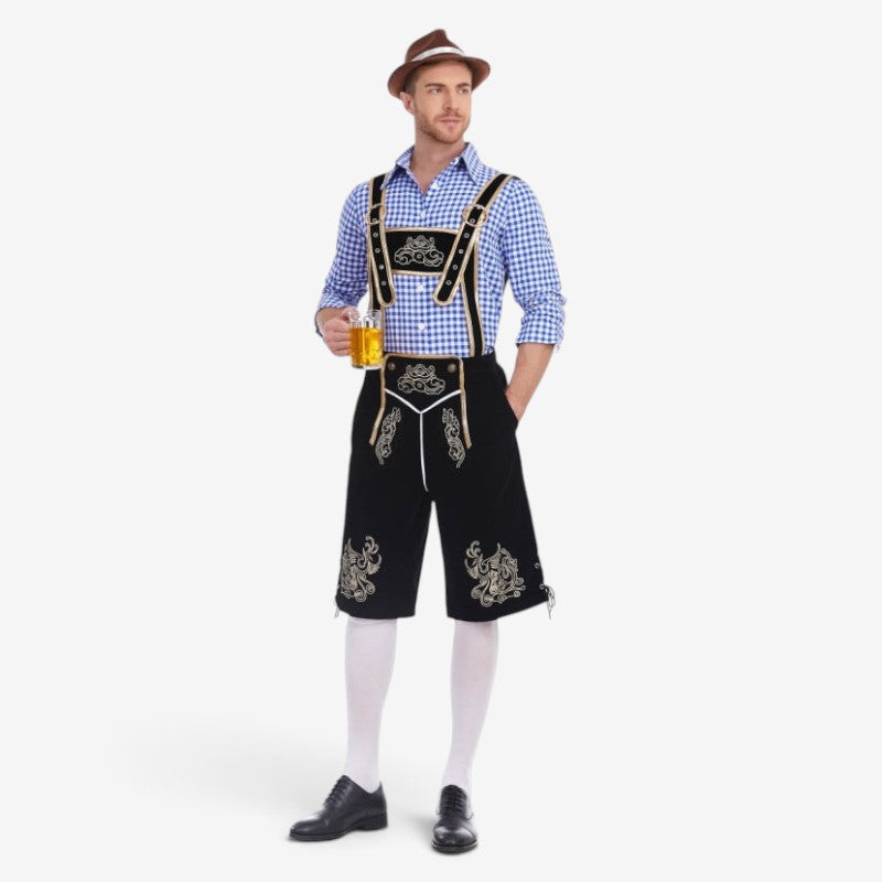Set Men - Bavarian Oktoberfest Outfit with Gingham Shirt, Knee Shorts and Felt Hat