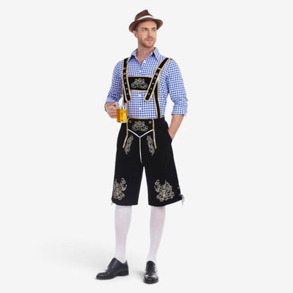 Set Men - Bavarian Oktoberfest Outfit with Gingham Shirt, Knee Shorts and Felt Hat