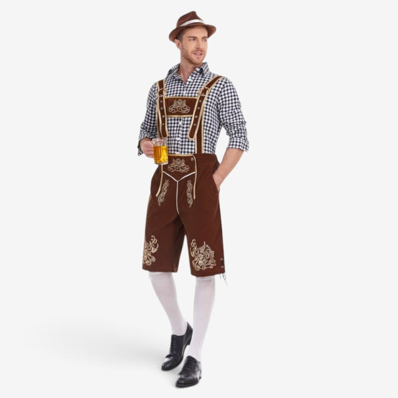 Set Men - Bavarian Oktoberfest Outfit with Gingham Shirt, Knee Shorts and Felt Hat