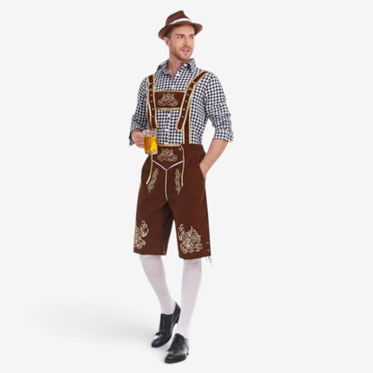 Set Men - Bavarian Oktoberfest Outfit with Gingham Shirt, Knee Shorts and Felt Hat