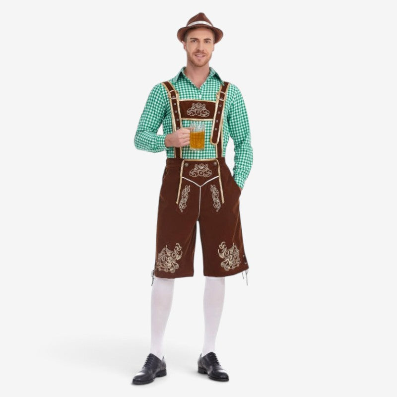 Set Men - Bavarian Oktoberfest Outfit with Gingham Shirt, Knee Shorts and Felt Hat