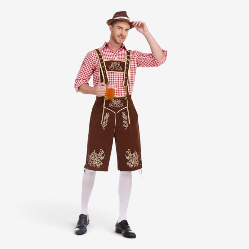 Set Men - Bavarian Oktoberfest Outfit with Gingham Shirt, Knee Shorts and Felt Hat