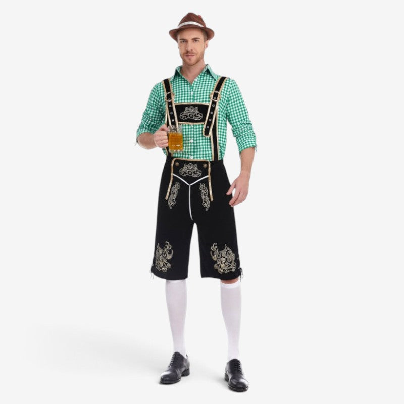 Set Men - Bavarian Oktoberfest Outfit with Gingham Shirt, Knee Shorts and Felt Hat