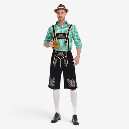 Set Men - Bavarian Oktoberfest Outfit with Gingham Shirt, Knee Shorts and Felt Hat
